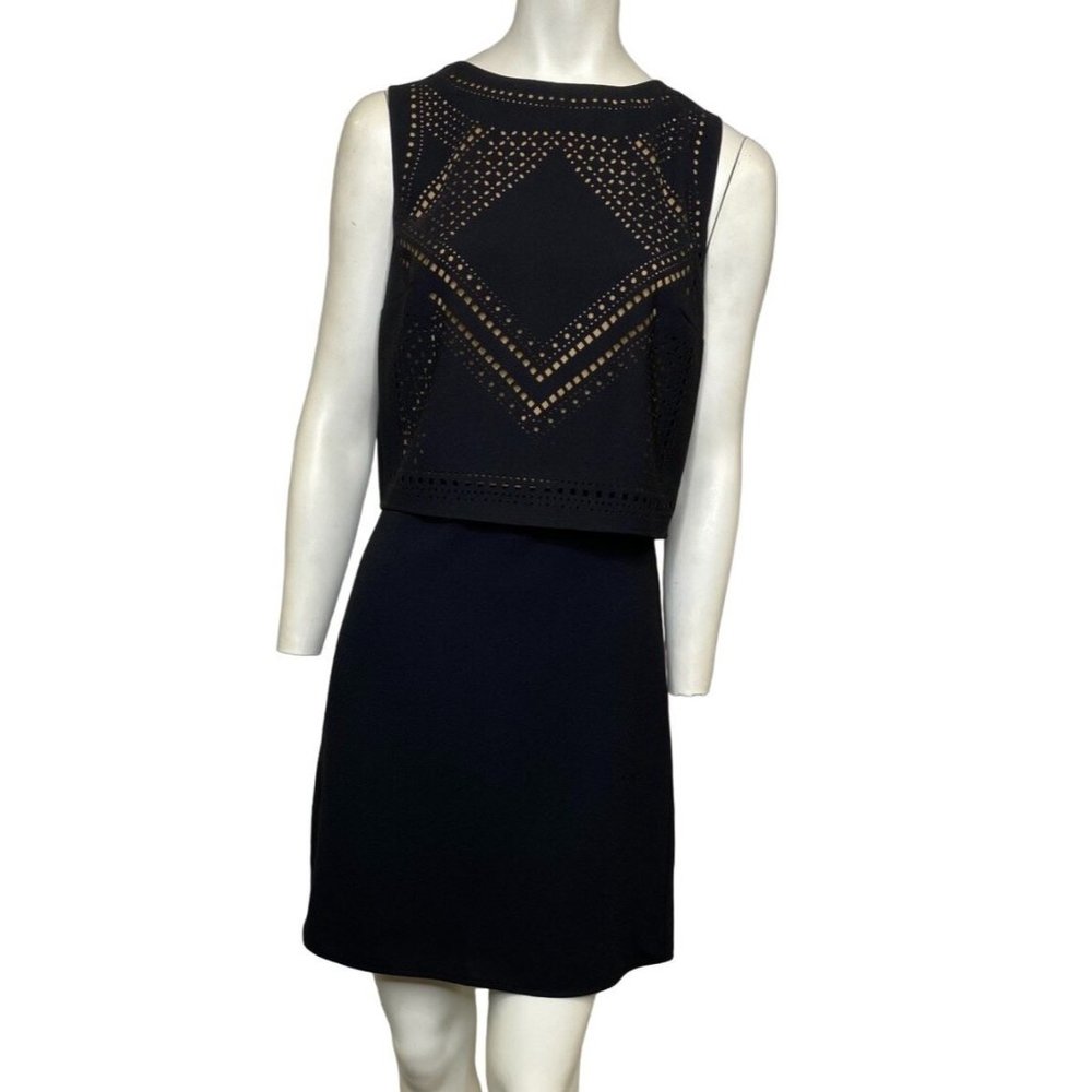 La Pateau Sleeveless Geometric Pattern Overlay Mini Dress Black Size 4 NWT